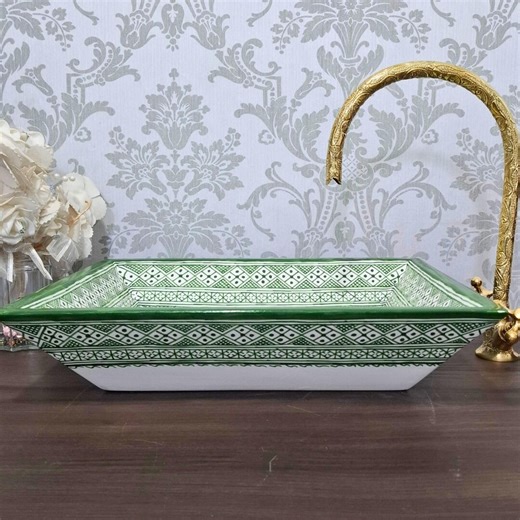 Moroccan Ceramic Rectangular Vessel Sink, Green Fish-scale Basin - Etsy