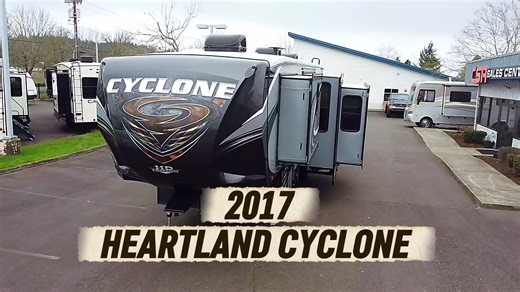2017 Heartland Cyclone 3611 38FT, 3 Slide-Out, 11FT Garage, Toy Hauler ·Dry Weight: 15,305lbs ·Payload Capacity: 1,635lbs KITCHEN ·Full-size gas & electric fridge & freezer ·Over the range convection microwave ·3-burner stove & oven ·Double-sided stainless-steel sink ·Pantry LIVING ROOM ·Mounted TV ·Removable tables ·Double slide for more space ·4-seater reclining couch ·L-shaped loft ·Electric fireplace (to be installed) ·DVD player BATHROOM ·Step-in shower/tub ·Porcelain toilet ·Vanity w/sink 
