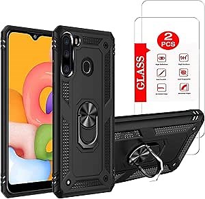 for Samsung Galaxy A21 Case with [2 Pack] Tempered Glass Screen Protector, for Galaxy A21 Heavy Duty Armor [Military-Grade] Protective, with Magnetic Ring Stand Phone Case Black