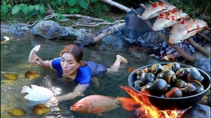 Top survival solo in jungle- Catch and cook red fish for food in jungle 3cooking videos | Primitive HD
