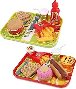 Mozlly Kitchen Food Playset - Cute Fast Food Playset with Trays, Plates, Fork, Soda Cup - Deluxe Fast Food Toy Set for Kids for Pretend Play Snack Parties, and Birthday Surprise Gift Play Food Set