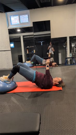 Mary killed this move this morning! Glute bridge hold on the Bosu chest fly = total core, glutes, and upper body burner. Strong, stable, and focused—just the way we like it! 👊🏻 #stlfitness #stltrainer #BosuTraining #GluteBridge #ChestFly #StrongWomen #PersonalTraining #CoreAndGlutes #MorningWorkout | Static Training by Stacy