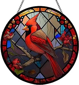 Cardinal 2D Acrylic Window Hanging, Red Cardinal Birds on Branch Wall Decor for Kitchen Living Room, Cardinals Gift for Bird Lovers, Birthday for Women Mom Grandma (A, 8"/20cm)