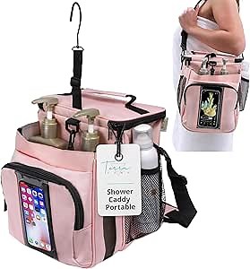XL Portable Shower Caddy Bag for Girls with Extra Storage, Durable Mesh Bottom, Shoulder Strap, Keychain Holder Shower Caddy Case for College Dorms - Travel Vacation Essentials (Blush Pink)