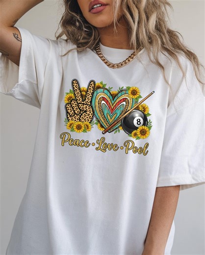 Peace Love Pool Shirt, Retro Leopard Print Billiards Graphic Tee, Playful Sunflower 8-ball for Game Night, Pool Enthusiast Gift - Etsy