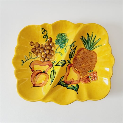 Hand-painted California Pottery Divided Platter, Fruit Decor, Pineapple Pears Strawberries Grapes, USA Made - Etsy