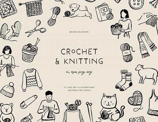 Crochet & Knitting Line Art Illustrations: Yarn, Wool (PNG, SVG) - Etsy