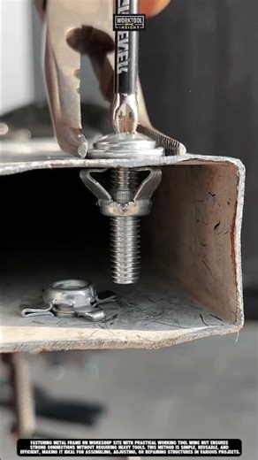 Fastening metal frame on workshop site with practical working tool wing nut