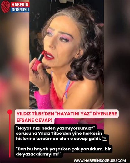Haberin Doğrusu on Instagram: "YILDIZ TİLBE'DEN "HAYATINI YAZ" DİYENLERE EFSANE CEVAP! "Hayatınızı neden yazmıyorsunuz?" sorusuna Yıldız Tilbe'den yine herkesin hislerine tercüman olan o cevap geldi. 🚬 Ünlü sanatçı, hayat hikayesini kaleme alıp almayacağı sorusunu kendine has üslubuyla yanıtladı: 🗣️ "Ben bu hayatı yaşarken çok yoruldum, bir de yazacak mıyım?" Siz bu konuda ne düşünüyorsunuz? Haklı mı? 👇 #YıldızTilbe #magazinhaber #ünlüler #haber #keşfet"