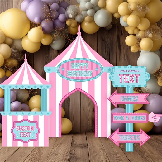 Pastel Pink Circus Party Cutouts, Carnival Baby Shower, Girls 1st Birthday Decor, Circus Tent, Photo Booth Frame, Custom Sign - Etsy