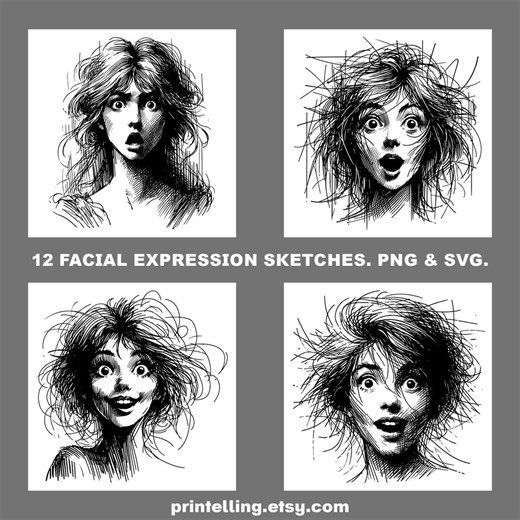 Facial Expressions Clipart Bundle; 12 PNG & SVG Line Art Sketches of Emotional Women - Etsy