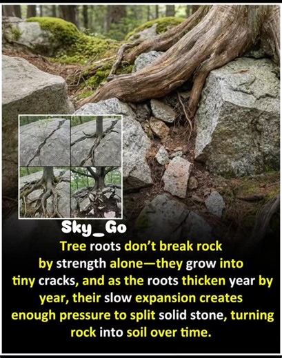 Sky_Go on Instagram: "Tree roots don’t shatter rock instantly; instead, they grow into tiny existing cracks, and as the roots slowly thicken over many years, their steady expansion exerts enough pressure to widen and split solid stone—a natural process of biological weathering that gradually helps transform rock into soil. Share Information educational purposes only #tree #roots #grow #tiny #crack"