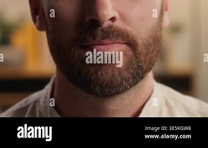 Close up man lips mouth toothy smile happy face laughing cropped view Caucasian bearded guy male lips smiling healthy whitening teeth oral health care dental medical orthodontic clinic advertisement