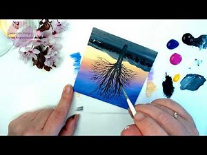 Acrylic painting for beginners, tree & sunset painting #78