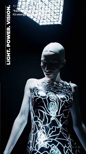 Futuristic avant-garde fashion runway | Dresses glowing like energy, blending art and technology
