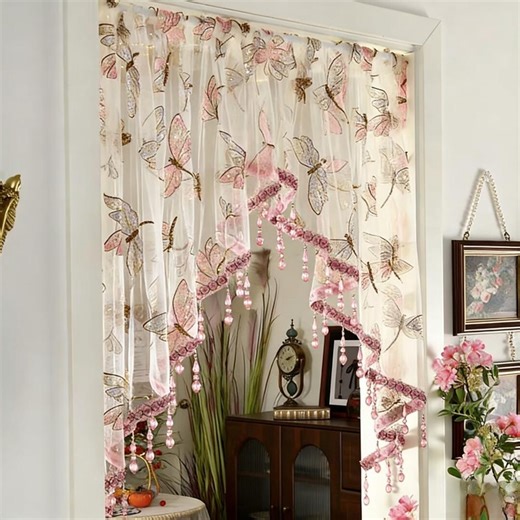 Floral Beaded Short Curtain Vintage French Short Curtain With Pendant Tassels, Decorative Doorway Divider - Etsy