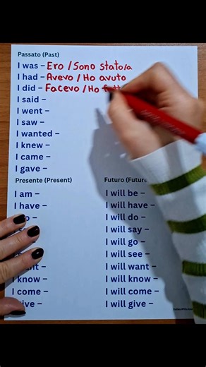 Improve your Italian with Us! 🇮🇹🇮🇹🇮🇹🇮🇹 Learn the Past/Present and the Future of some useful verbs in Italian! In the past you will learn in the same time both "L'imperfetto" and "Passato prossimo" of those verbs! 🇮🇹🇮🇹📖📖 ♤Don't forget to follow for more Italian lessons ✅️ 🇮🇹 📖 ♡Like,save and share this video with your family and friends!❤️ #italianwithteacherema #fbreelsfypシ゚viralfbreelsfypシ゚viral #viralreelschallenge #viralpost2025 #italianreel #reelitaliano #italiantips #viralr