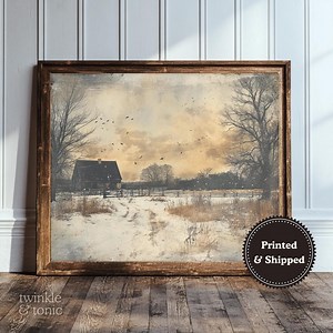 Vintage Farm Art, Rustic Farmhouse Poster, Winter Landscape Decor, Snowy Country Art, Antique Cozy Pastoral Painting, Printed and Shipped - Etsy