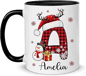 Hyturtle Personalized Christmas Monogram Mug - Merry Christmas For Women Her Lovers - Cute Alphabets Cups Gifts For Daughter - Custom Initial Name Coffee Cup Ceramic Mug 11 oz 15 Oz
