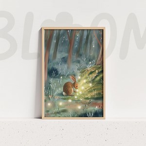 Rabbit Illustration Forest Firefly Glow Gentle Night Storybook Calm Modern Wall Art Whimsical - Etsy