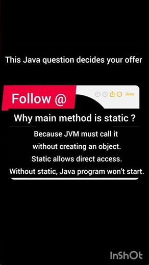 "JVM calls static main() directly because no object exists at startup.”#java #sdet #interviewtips