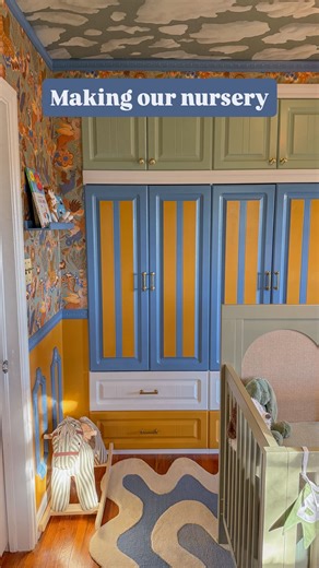 Dani Dazey - Trixie Motel Designer on Instagram: "Nursery makeover process and sneak peeks, using my top tool of choice PAINT 🎨 Specifically @behrpaint ✨ #ad Never be afraid to add paint to your space, because it’s SO easy to change it! This room is unrecognizable swapping the hot pink for beautiful shades of Green Balsam PPU11-15, Cornflower P520-4, and Toffee Tart M250-6 💙 and we were able to save everything, yet make it feel brand new. The power of paint 🙌"