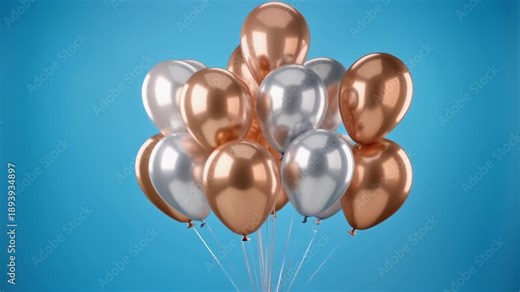 A bunch of silver and gold helium balloons floating upwards on a blue background with a white space for text