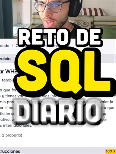 Ejercicio de SQL usando WHERE 🧠 Aprende a filtrar datos en SQL con la cláusula WHERE en este ejercicio rápido. Si estás empezando con bases de datos, data analysis o backend, este es uno de los comandos más importantes que debes dominar. Si quieres aprender SQL y muchos más proyectos de programación, puedes encontrarlos en DataCamp 👇 https://datacamp.pxf.io/windship Soy afiliado de DataCamp. 💾 Guarda este video para practicar SQL más tarde. #publi #sql #aprendersql #sqlexercise #programacion