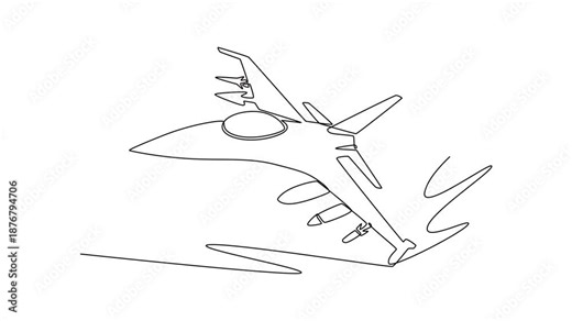 Animated self drawing of continuous line draw a supersonic fighter jet. Aerodynamic wings, cockpit canopy, underside missiles for aerial defense and combat missions. Full length single line animation
