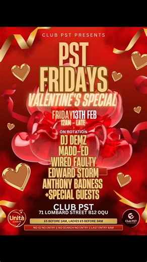 Club PST on Instagram: "PST Fridays 🎉 this weekend.. we’re mixing love with the levels for a special Valentines edition of our weekly resident night 💖🔊 Multi-genre sounds setting the mood from start to finish — dancehall, R&B, DnB, Garage, Bassline Afrobeats, Ama, Tribal, House and bangers all night long. Our resident DJs holding it down, crowd locked in, vibes warm, bass heavy. Whether you’re outside with your partner, vibing with your people, or stepping out solo — this is about sharing mom