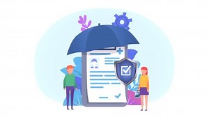 Medical, health insurance concept, small people stand near big insurance document, umbrella and shield, 2d animation video