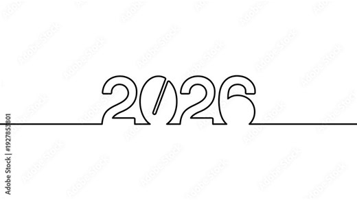 2026 year continuous one line art animated self drawing on white black background. single 2026 line art outline sketch illustration animation new year numbers video
