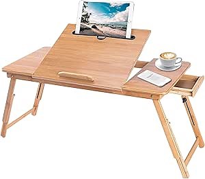Laptop Bed Tray Table , Adjustable Height Bamboo Lap Desk for Writing Reading Eating,Portable Laptop Table Fits up Most Computers，Three Sizes Computer Bed Tray with Storage Drawer