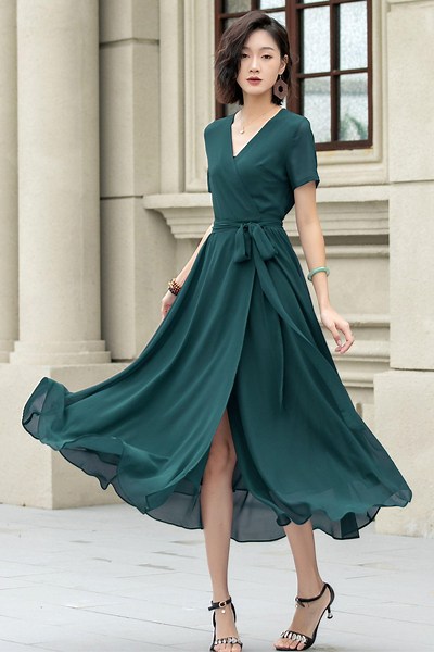 Chiffon Dress, Wrap Dress, Summer Midi Chiffon Dress, Womens Dress, Long Chiffon Dress, Short Sleeves Dress, Custom Dress, Xiaolizi 6111 - Etsy