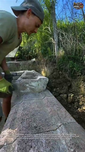 How Interlocking Concrete Blocks Are Stacked to Build a Garden Retaining Wall Against a Cut Slope 🏗️