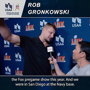 Rob Gronkowski, chatted with us at the USAA Salute to Service Lounge at Super Bowl LIX about retirement, helicopters and his prediction for the big game. | We Are The Mighty