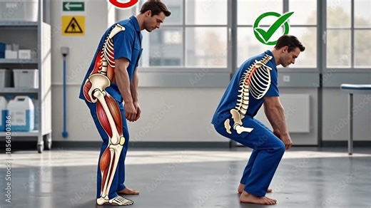 Safe vs Unsafe Box Lifting Posture Comparison – Worker with Red Cross and Green Check Mark – High Resolution 4K Ultra HD