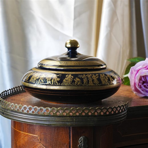 Vintage I. Spyropoulos Greek Porcelain Covered Box – Cobalt Blue, 24K Gold Mythology Frieze, Greek Key Border, Handmade Greece 1960s - Etsy UK