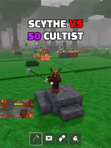 Scythe vs 50 cultist base #roblox #99nightintheforest #challenge