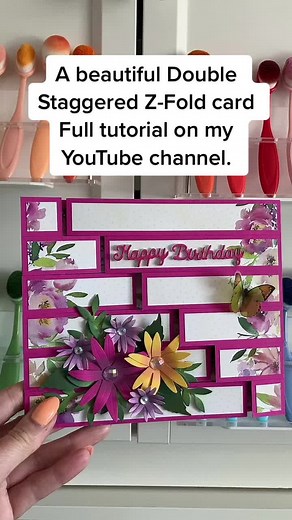 Double Staggered Z Fold card. Full tutorial on my YouTube channel. #zfoldcard #cardmaking #popupcard #greetingcards #samcalcott #mixedupcraft #floralcards #flowers