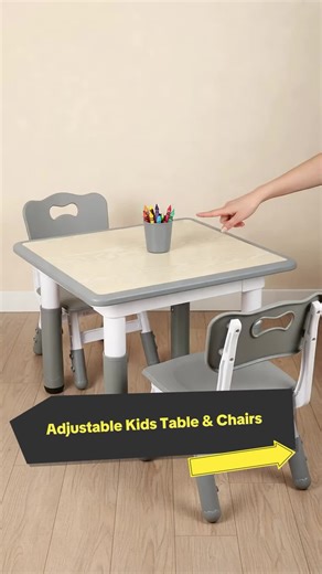 Kids Table and 2 Chairs Set, Height Adjustable Toddler Table and Chair Set for Ages 3-8, Easy to Wipe Arts & Crafts Table, (3pcs Set) - Gray Mini Furniture