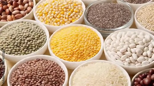 The image shows a variety of grains, seeds, and legumes displayed in white bowls. The different types of grains and seeds include corn, lentils, chia seeds, and rice.