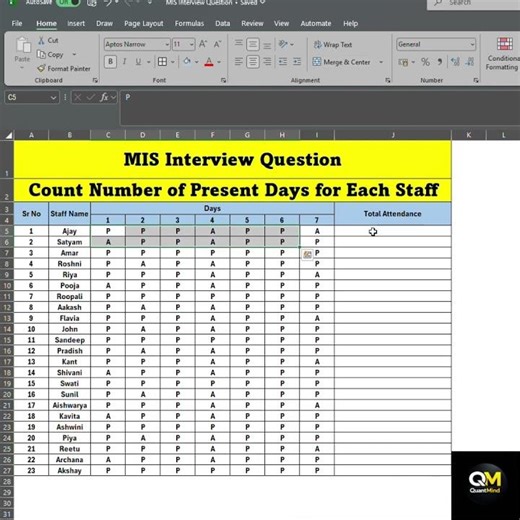 MIS Interview Question | How to Count Present Days Using Excel