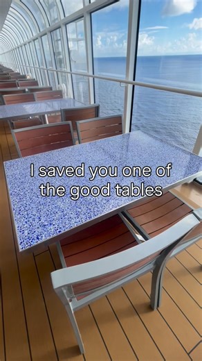 🚢 A seat with a sea view aboard Disney Cruise Line Disney’s ships are designed for have amazing views and beautiful details alongside modern technology, convenience, and safety. You can enjoy a quick service meal at a table like this one on all of Disney’s ships, from the Magic all the way to the about-to-sail Destiny. Want a little more ocean breeze? Head to the aft seating area connected to the buffet or up to a higher deck. Disney Cruise vacations are quite possibly the best value you can ge