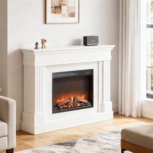 45''W Electric Fireplace with Mantel, Freestanding Fireplace Heater with Remote Control & Adjustable Flame, Fireplace TV Stand for 42 inch TV, Electric Fireplace Heater for Living Room Bedroom, White