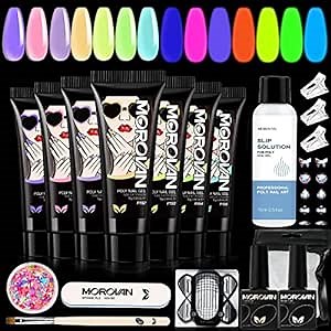Morovan Poly Gel Nail Kit - Glow in the Dark Poly Nail Gel Kit 7 Colors Nail Extension Gel Builder Gel Manicure Kit for Nail Art Starter Kit