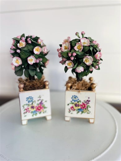 Pair of 1924 Meissen Porcelain Planters With Hand Painted Pink and Green Topiary, Footed Pots, French, Bonsai - Etsy