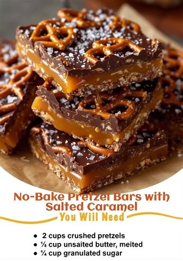 Quick Salted Caramel Pretzel Bars A no-bake sweet-salty treat with crunchy pretzels, smooth caramel, and melted chocolate. Perfect for parties or quick dessert cravings. Ingredients: 3 cups mini pretzels 1 cup caramel candies 2 tbsp butter 1 cup chocolate chips Sea salt for topping Directions: Line an 8×8 pan with parchment. Spread pretzels evenly in the pan. Melt caramel candies with butter until smooth. Pour caramel over pretzels. Melt chocolate chips and spread over caramel. Sprinkle lightly 