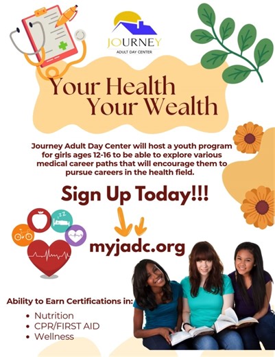 Journey Adult Day Center with support from the Community Foundation of Greater Greensboro is launching an exciting youth program for girls ages 12–16! 💙 This inspiring program is designed to spark interest in health and medical careers through hands-on learning and real-world exploration. Participants will: 🩺 Discover a variety of medical and health career paths 🥗 Earn certifications in Nutrition 🚑 Get CPR & First Aid certified 🧘‍♀️ Build skills in Wellness & Healthy Living Perfect for girl