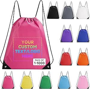 Custom Drawstring Bags With Logo, 100 Pack Personalized Text Drawstring Backpack Bulk Great for Travelling, Gym and for Everyday Use (Rose Red)